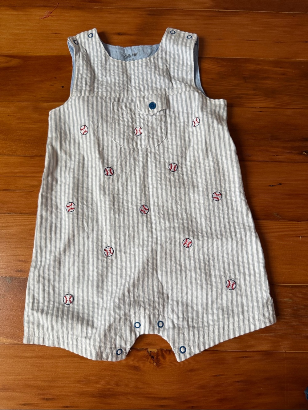 Little Me Striped Baseball Embroidered Baby Romper - Blue & White Size 18m